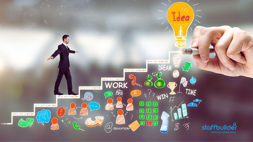 a man walking on a stairs with a lot of icons below and a bulb with a word "idea" at the end of stairs.